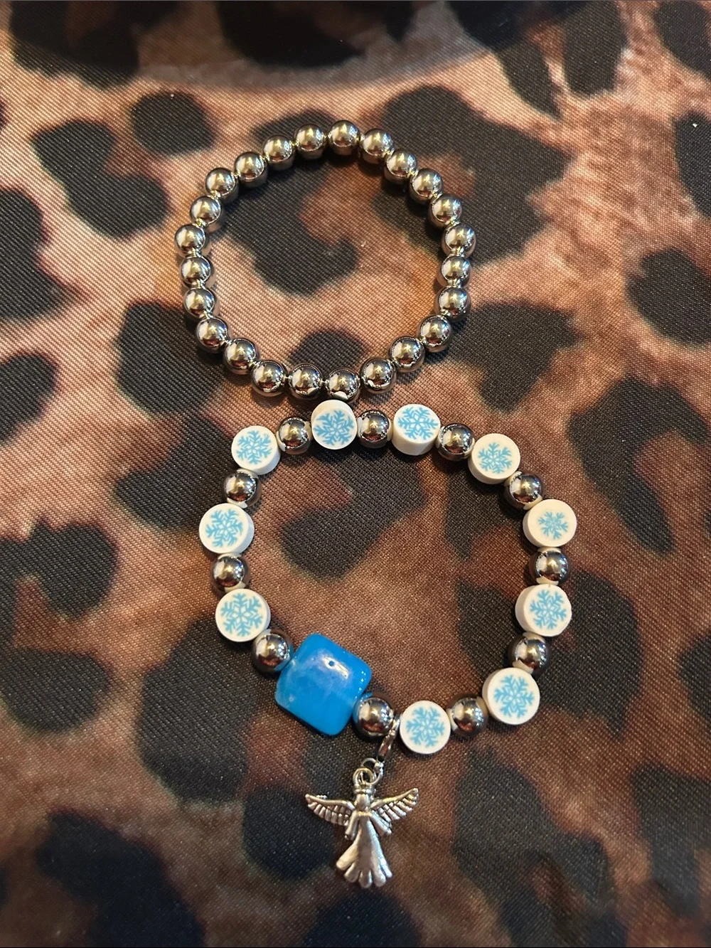 Hand Crafted Silver and Blue Snowflake Charm Bracelet Set